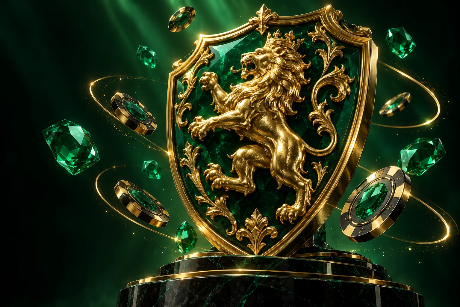 Goldener heraldischer Löwe auf einem Smaragdschild